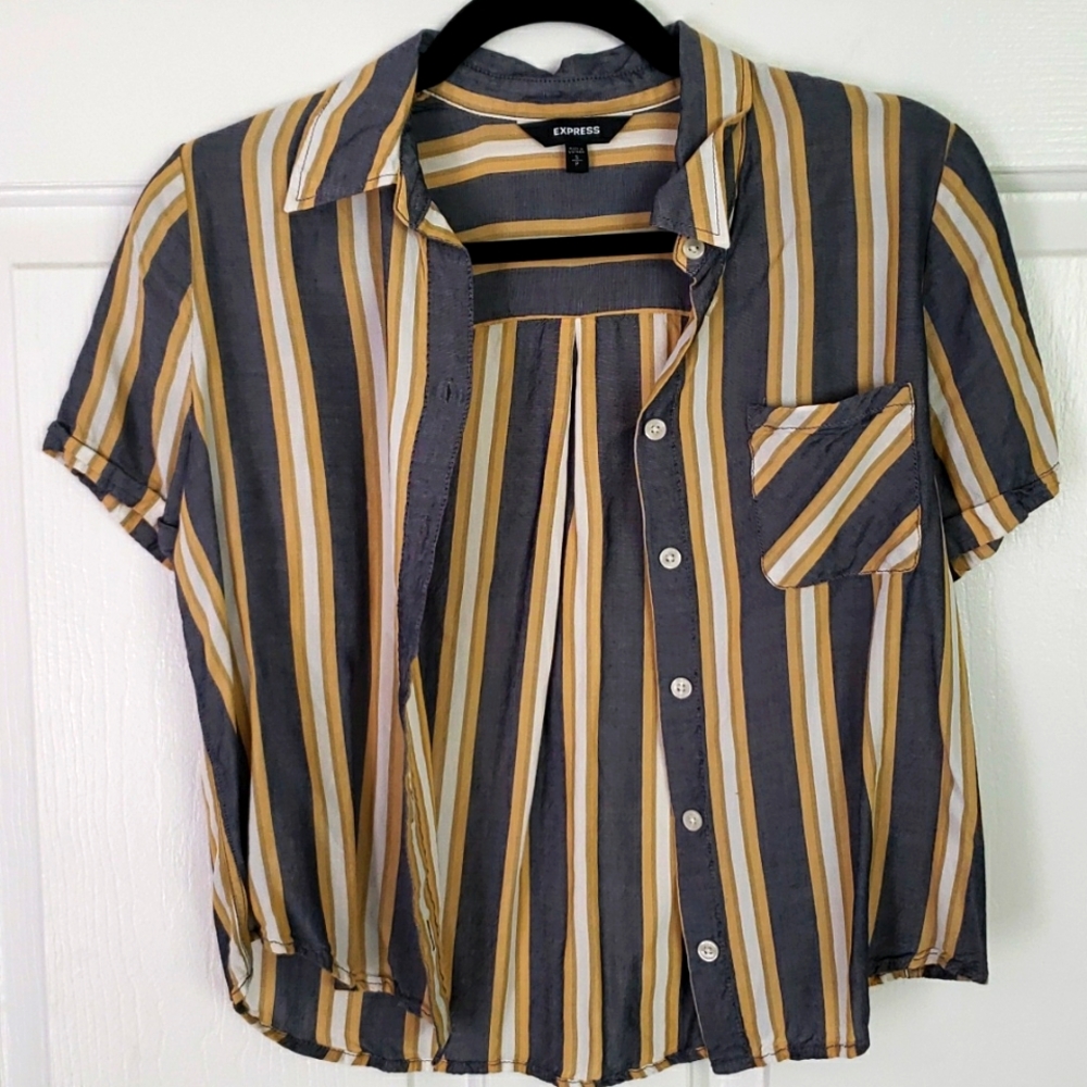 Express blue, white, gold stripped button up shirt